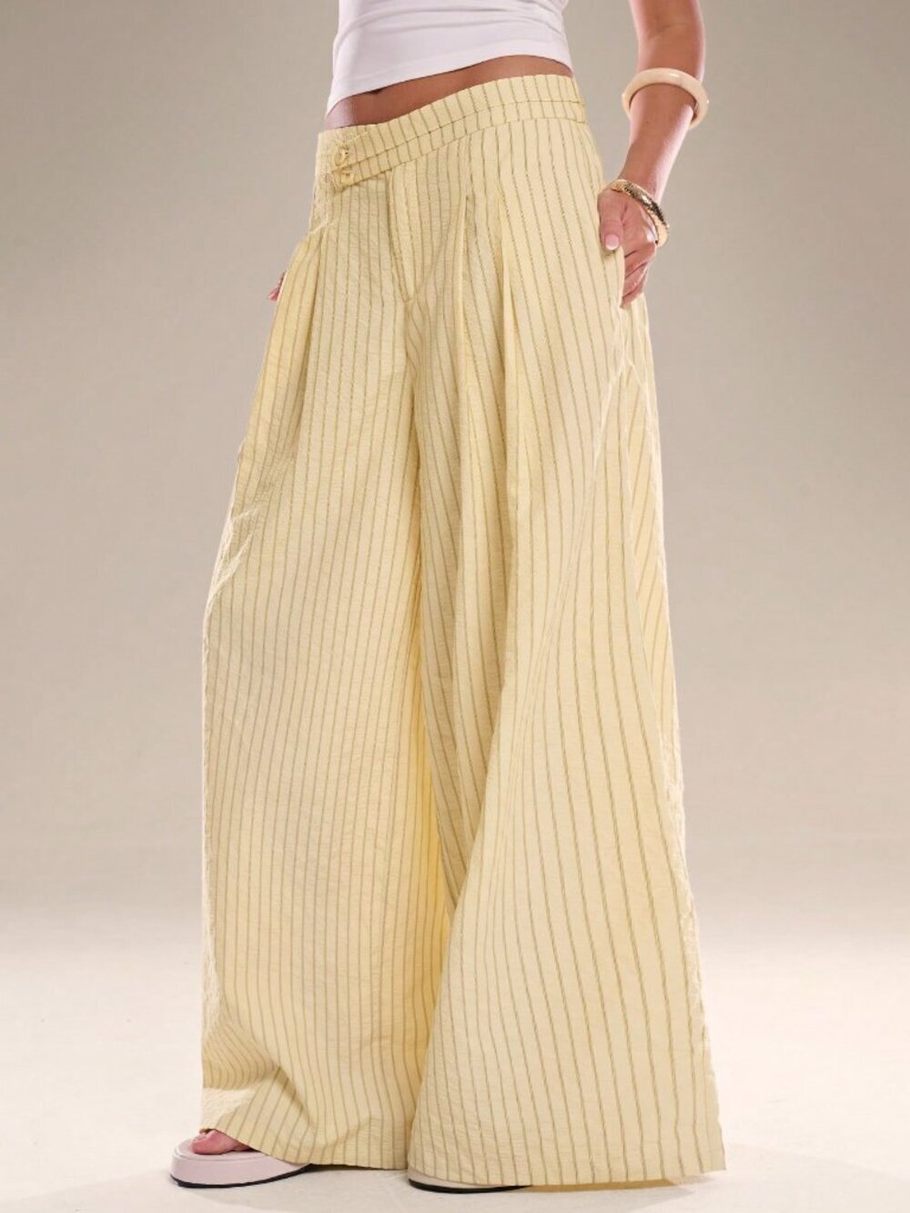 Yellow Casual Chic Women's Striped Waist Trousers - Picture 5 of 7